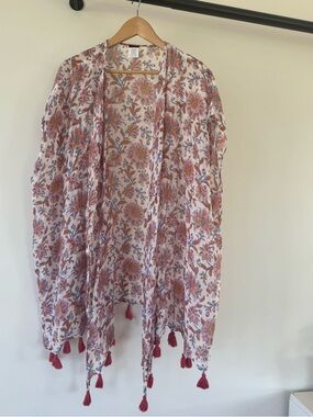 J Crew Boho Swim Beach Coverup One Size Pink Floral Tassel Flowy Summer Pool